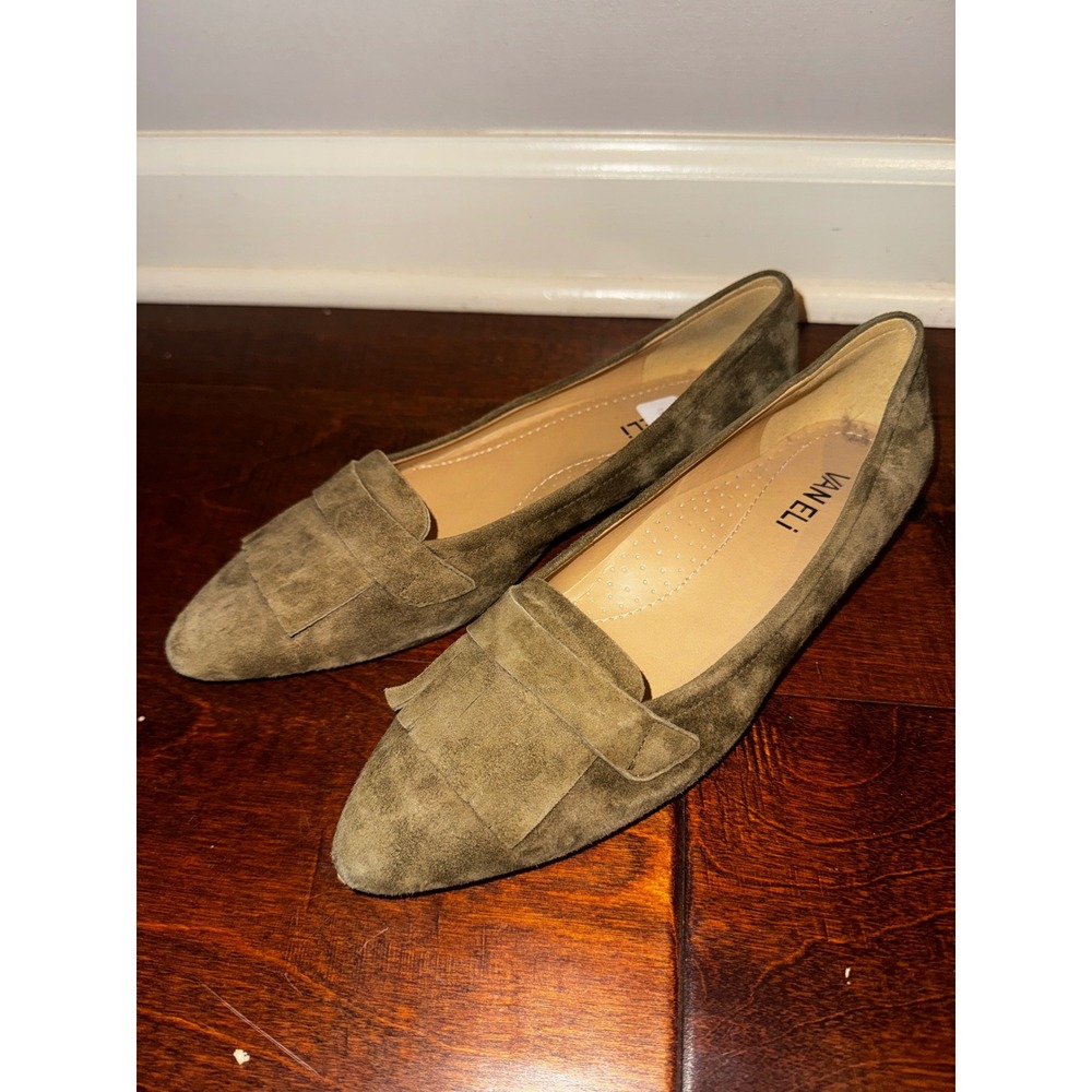 Vaneli Olive Green Suede Kiltie Fringe Pointed Toe Flats Shoes Womens 7.5 S